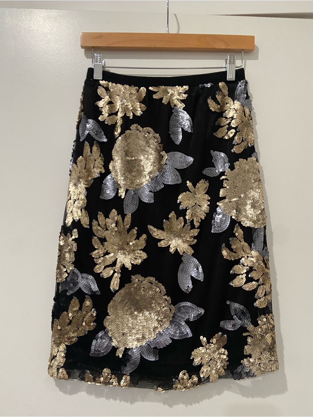 Forever 21 Black Pencil Midi Skirt with Gold & Silver Sequin Floral Appliqué